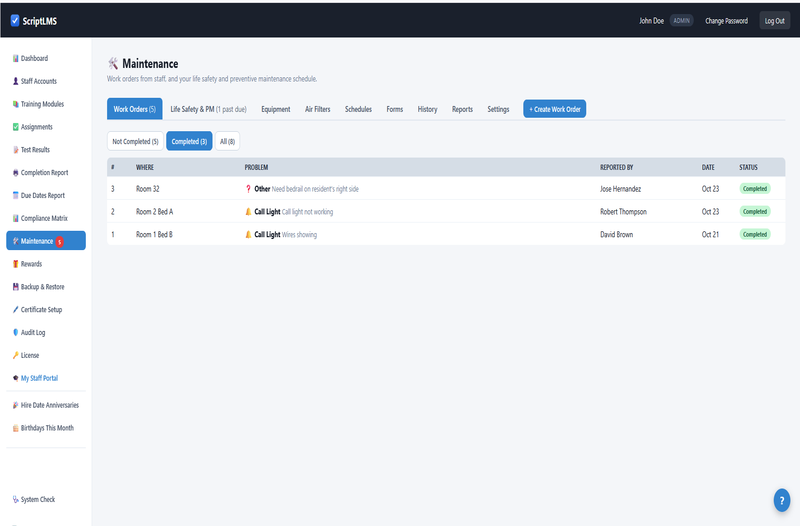 ScriptLMS Maintenance Work Orders tab with the Completed filter selected, listing three completed work orders
